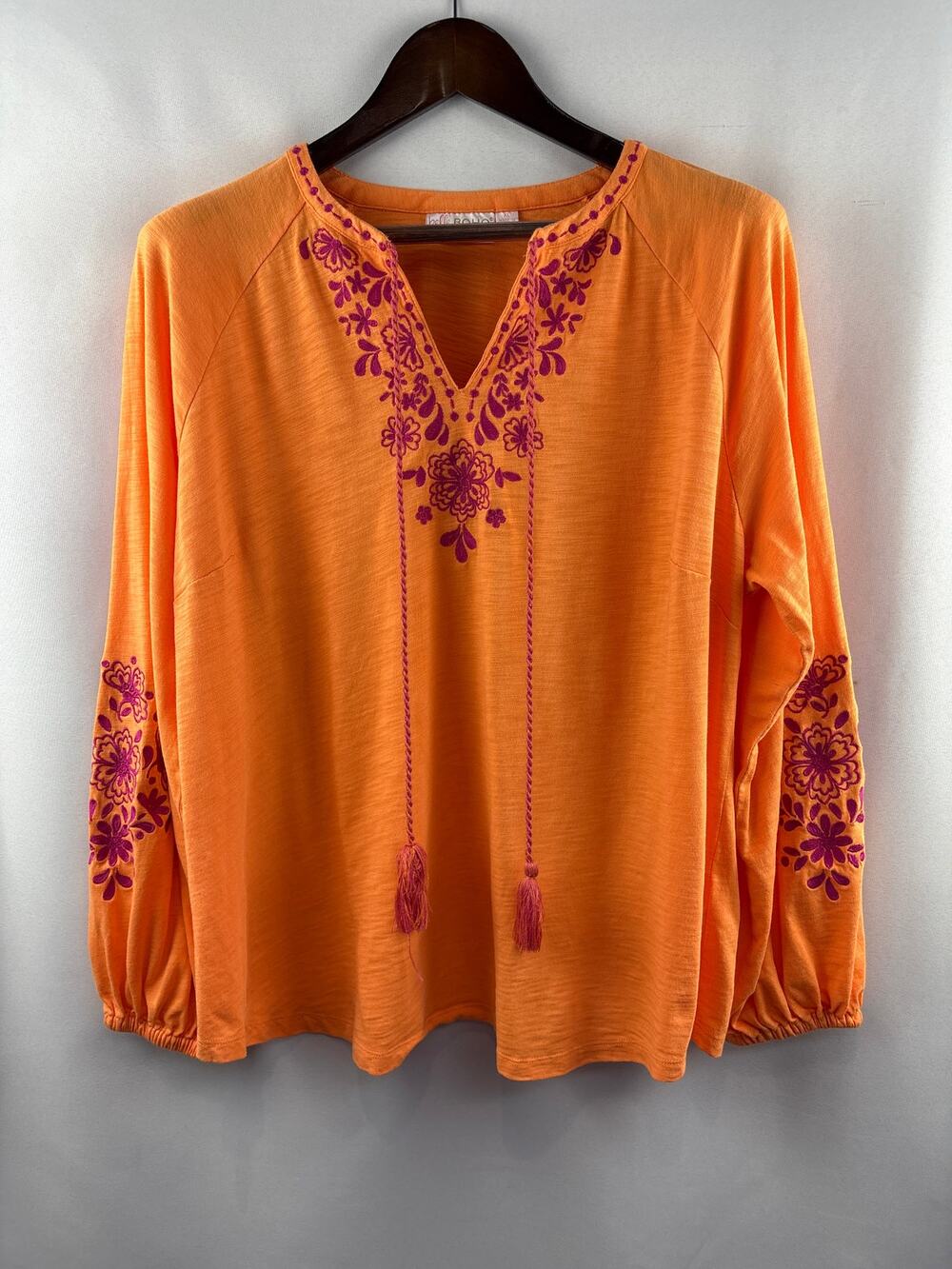 Womenβs Belle Boho Kim Gravel XL Bright Orange Embroidered Blouse